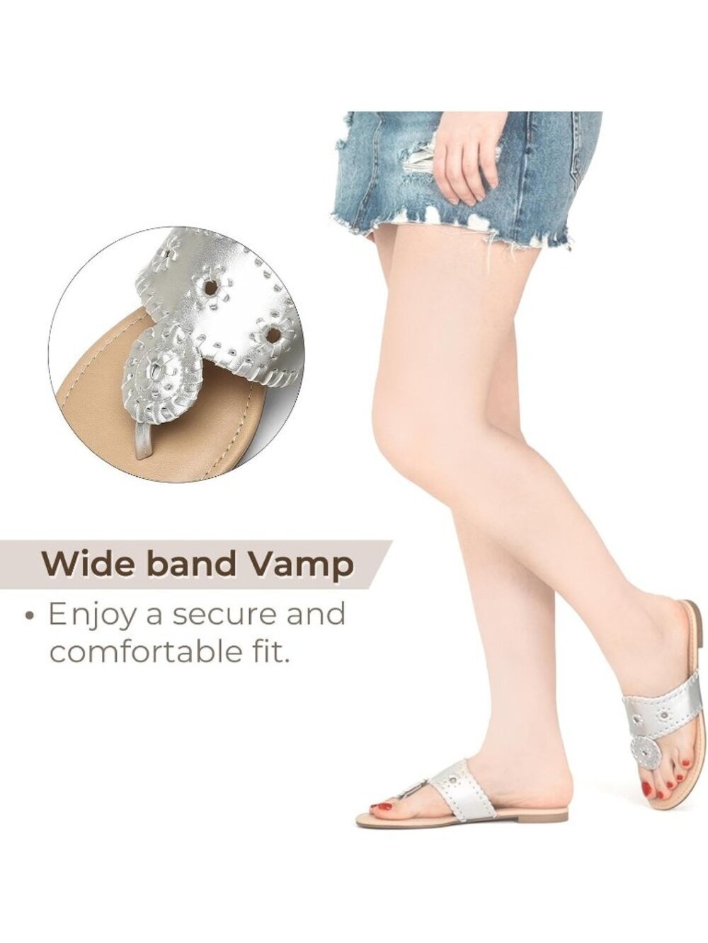 Women's Sliver Flat Wide Band Flip Flops Cushioned Insole Summer Brunch Sandals - Picture 4 of 6